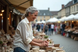 Vendeur au marché aux puces du Morbihan arrangeant ses objets vintage sur un stand extérieur