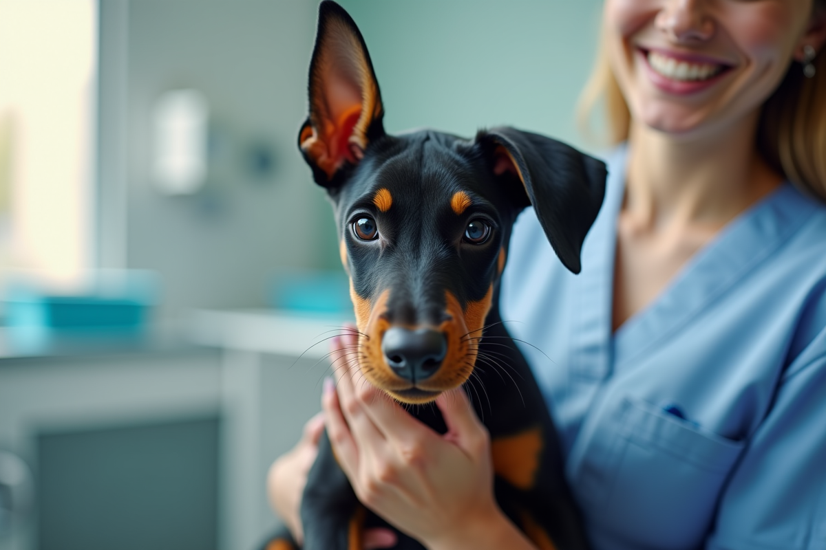 Vétérinaire souriant tenant un chiot doberman en clinique