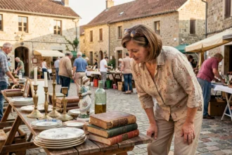 Femme inspectant des objets vintage sur un vide grenier en plein air dans un village de Haute-Saône, tables en bois chargées d'antiquités et de brocante