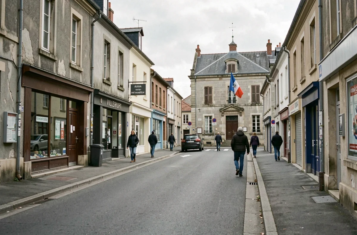 Rue principale de Villerupt en Meurthe-et-Moselle avec mairie, commerces modestes et habitants adultes