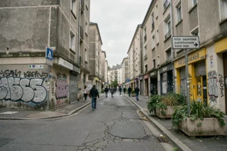 Vue large d'une rue urbaine française avec immeubles en béton, graffitis et commerces fermés, illustrant le classement des villes dangereuses en France