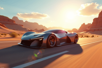 Voiture de course futuriste sur une route désertique ensoleillee