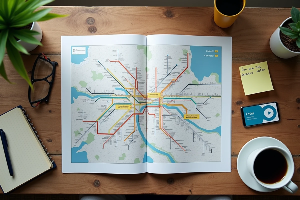 Vue de dessus d'un plan imprimé du métro de Lyon posé sur un bureau avec un smartphone affichant l'application de transport